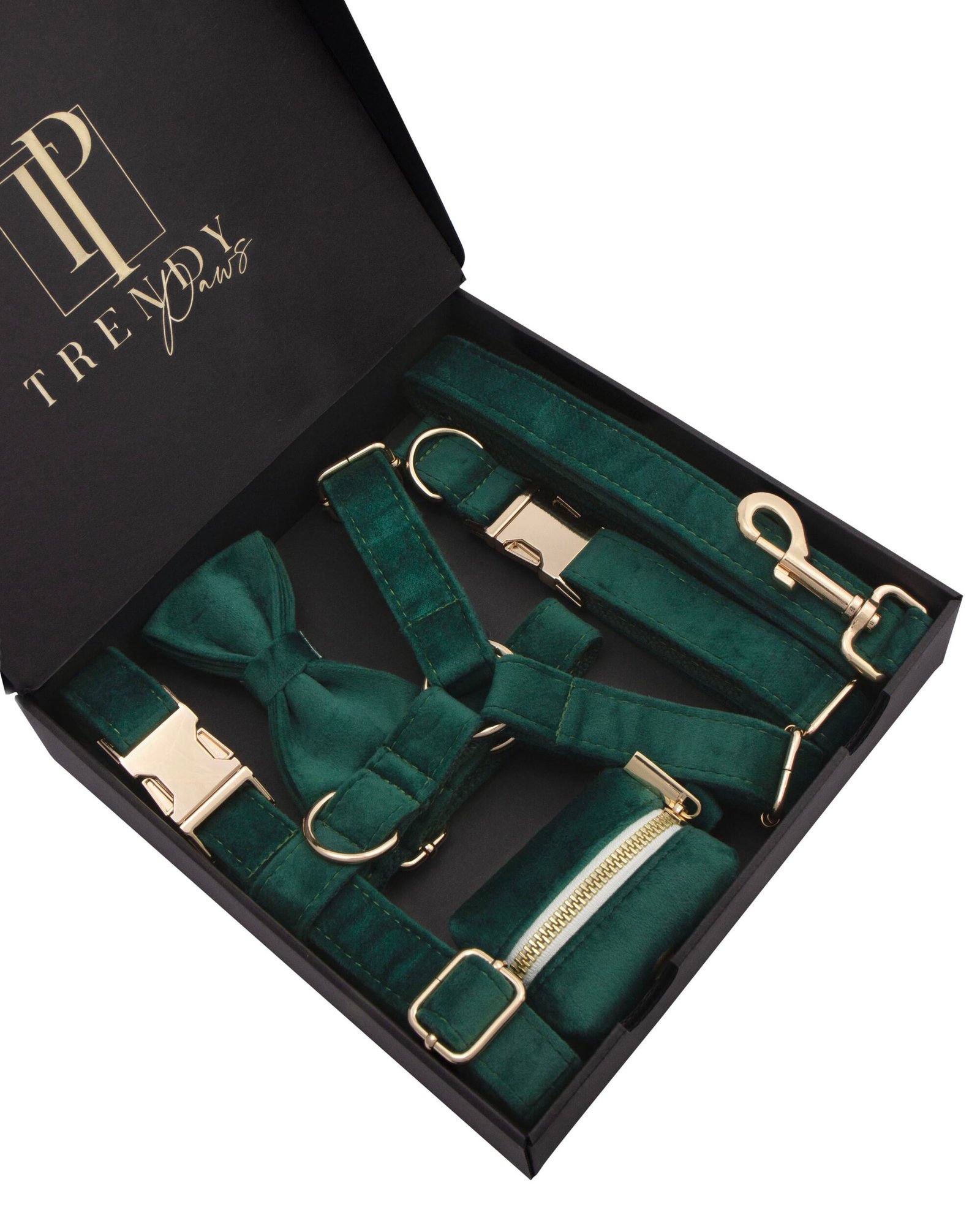 Trendy Paws žalias prabangus šuns komplektas pavadėlis antkaklis petnešos sšuniui